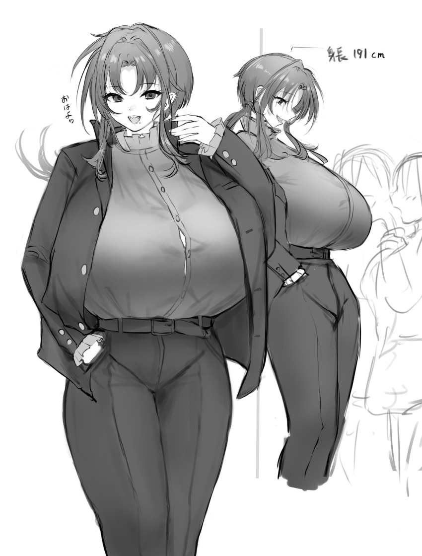 1girl belt breasts commentary_request doinaka eyebrows_visible_through_hair frilled_shirt_collar frills gigantic_breasts greyscale hands_in_pockets highres jacket looking_at_another looking_down mole monochrome open_clothes open_jacket original pants sharp_teeth smile tall_female teeth translated tsurime