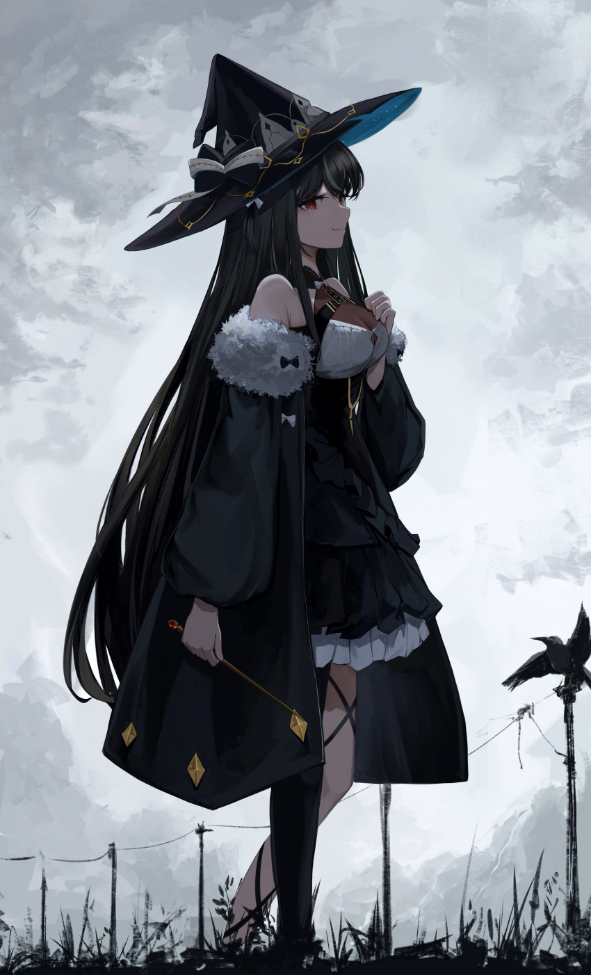 1girl absurdres amamizu_shizuku animal bangs bare_shoulders bird black_dress black_hair black_headwear black_jacket black_legwear breasts closed_mouth clouds cloudy_sky commentary_request copyright_request dress from_side fur-trimmed_jacket fur_trim hand_up hat highres holding jacket long_hair long_sleeves medium_breasts off-shoulder_jacket off_shoulder outdoors power_lines puffy_long_sleeves puffy_sleeves red_eyes single_leg_pantyhose sky sleeveless sleeveless_dress smile solo standing utility_pole very_long_hair virtual_youtuber witch_hat