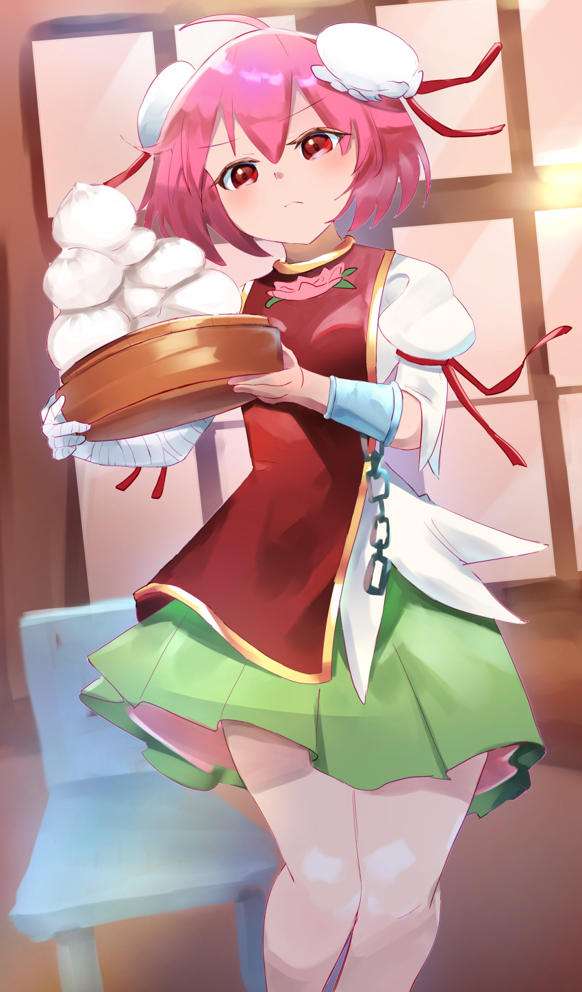 1girl absurdres bandaged_arm bandages baozi bun_cover chinese_clothes commentary_request cuffs double_bun flower food green_skirt highres holding ibaraki_kasen miniskirt pink_flower pink_hair pink_rose puffy_short_sleeves puffy_sleeves red_eyes red_tabard rose shackles shirt short_sleeves skirt tabard touhou ttrta0201 white_shirt