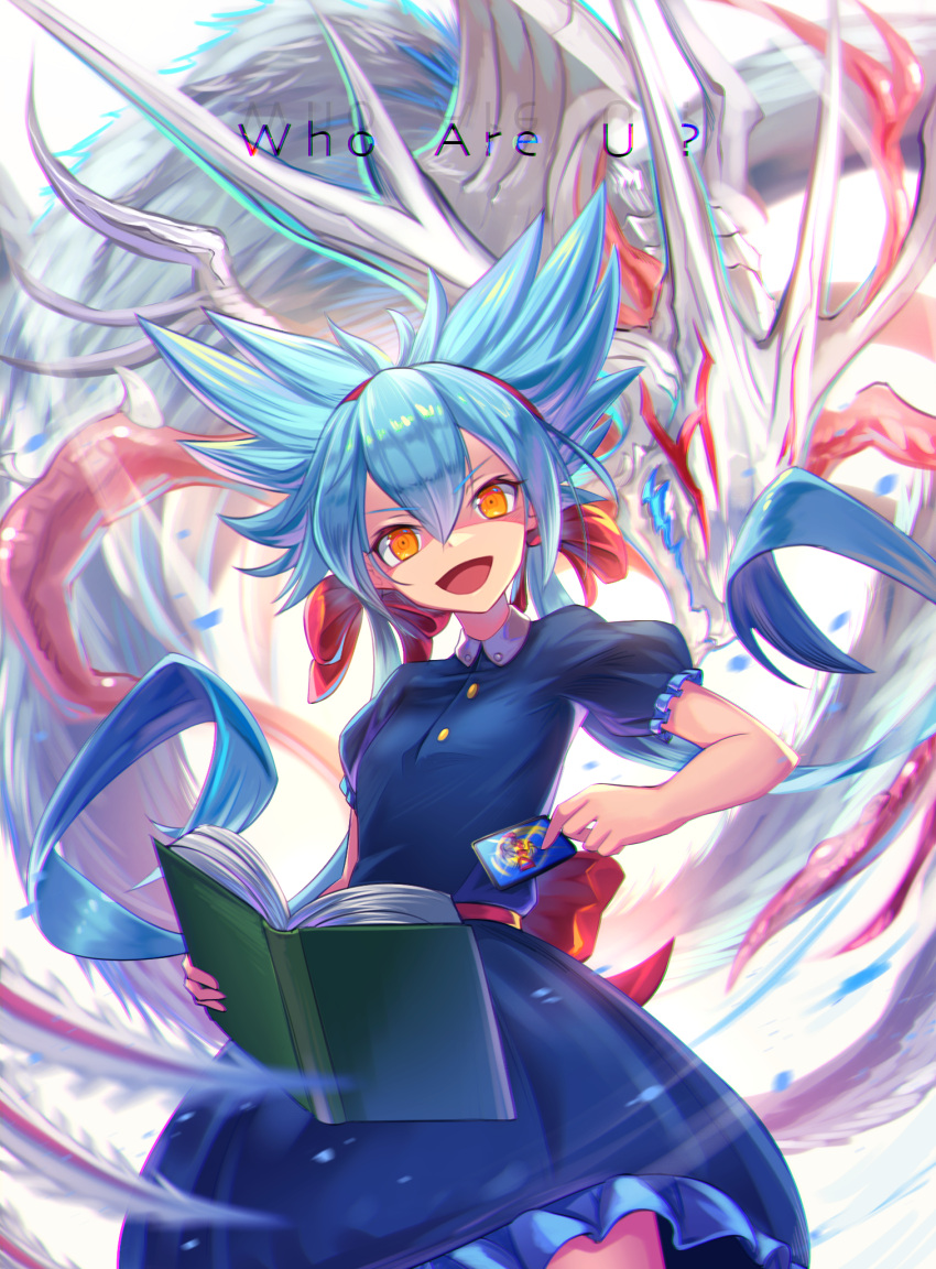 1girl blue_dress blue_hair book bow card character_request chromatic_aberration commentary_request dragon dress duel_masters english_text fua_yuu_(duel_masters) hair_between_eyes hair_bow hair_ribbon highres holding holding_book holding_card kenko_(a143016) long_hair looking_at_viewer orange_eyes puffy_short_sleeves puffy_sleeves ribbon short_sleeves smile solo twintails white_background
