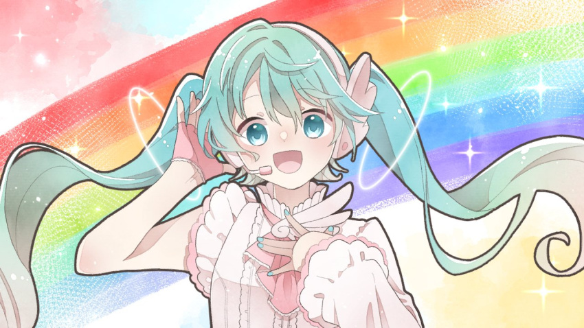 1girl :d ascot blue_eyes blue_hair blue_nails blush center_frills commentary_request fingerless_gloves frilled_gloves frilled_sleeves frills gloves half_gloves halo hand_on_own_chest happy hatsune_miku headphones headset long_hair long_sleeves looking_at_viewer microphone pink_ascot pink_gloves rainbow sa-fu_(sfmk39) shirt single_fingerless_glove single_glove single_sleeve smile solo sparkle twintails upper_body very_long_hair vocaloid white_shirt wing_ornament winged_headphones