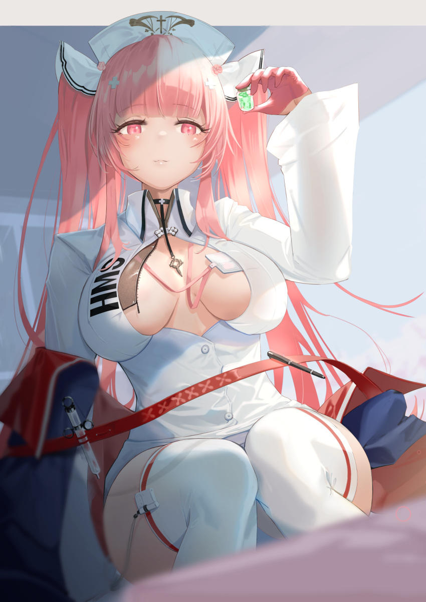 1girl absurdres arm_up azur_lane bangs black_choker blush bottle breasts choker closed_mouth commentary eyebrows_visible_through_hair feet_out_of_frame gloves hair_ornament hairclip hat highres holding holding_bottle id_card latex latex_gloves long_hair looking_at_viewer medium_breasts nurse nurse_cap official_alternate_costume open_clothes open_shirt pencil perseus_(azur_lane) perseus_(unfamiliar_duties)_(azur_lane) pink_eyes pink_gloves pink_hair sankyo_(821-scoville) shirt simple_background sitting smile solo syringe thigh-highs twintails vial white_legwear white_shirt wide_sleeves