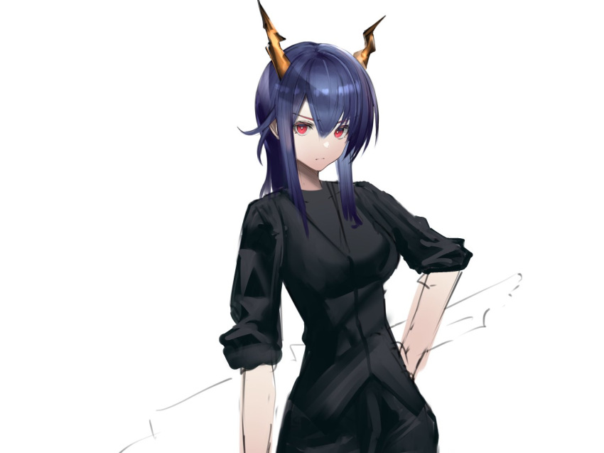 1girl alternate_costume arknights blue_hair breasts bright_pupils ch'en_(arknights) closed_mouth clothing_request cowboy_shot dragon_horns eugle_na eyebrows_visible_through_hair hand_on_hip horns long_hair looking_at_viewer medium_breasts red_eyes short_sleeves sidelocks simple_background sketch solo unfinished v-shaped_eyebrows white_background