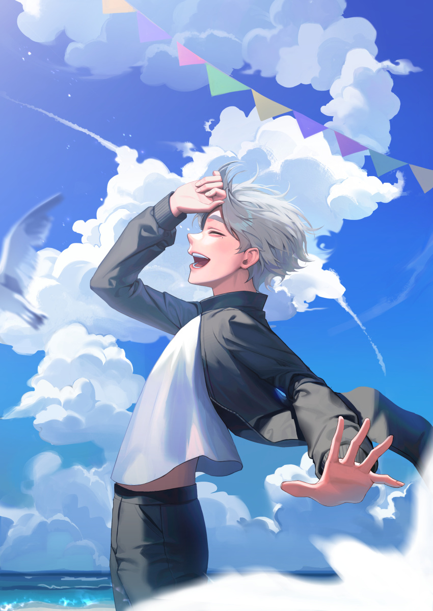 1boy absurdres arm_up bird black_pants blurry clothes_lift clouds commentary_request facing_to_the_side grey_hair haikyuu!! hand_on_own_face hand_on_own_forehead happy highres jacket jacket_lift kkuni male_focus messy_hair motion_blur ocean open_clothes open_jacket open_mouth outdoors outstretched_arm outstretched_hand pants profile seagull shirt shirt_lift short_hair sky smile solo standing sugawara_koushi teeth white_shirt wind wind_lift