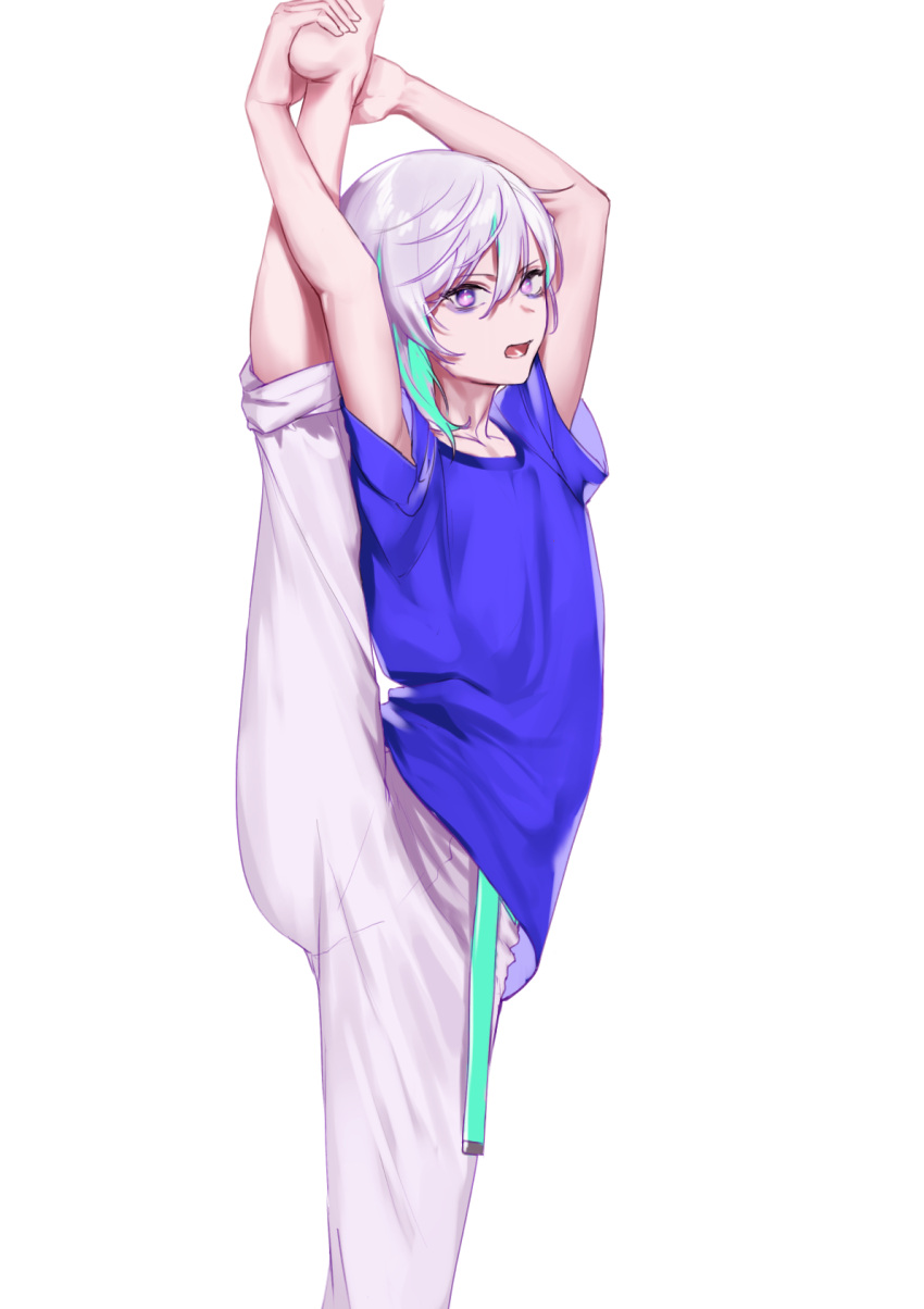 1boy belt blue_hair blue_shirt flexible highres looking_at_viewer male_focus multicolored_hair nyamnyam0502 pants paradox_live purple_hair shirt short_sleeves solo stretch stretched_limb sweatpants violet_eyes white_background yatonokami_kanata