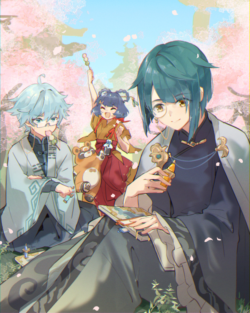 1girl 2boys alternate_costume bespectacled cherry_blossoms chongyun_(genshin_impact) closed_eyes commentary_request dango dark_blue_hair food genshin_impact glasses highres japanese_clothes light_blue_hair monocle multiple_boys open_mouth short_hair smile symbol-only_commentary wagashi xiangling_(genshin_impact) xingqiu_(genshin_impact) yoco_n