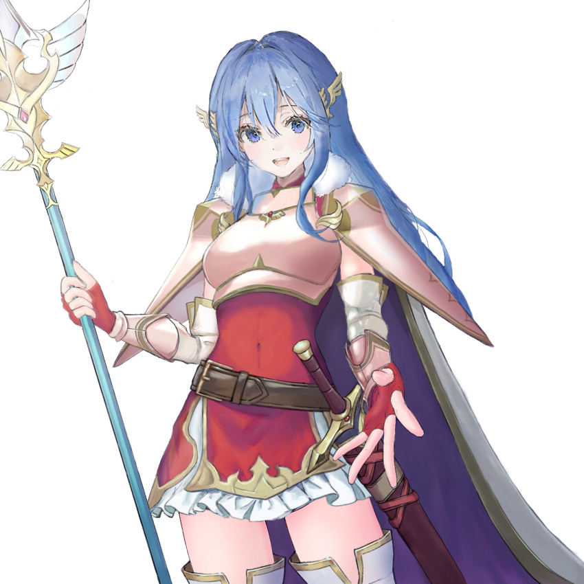 1girl :d armor bangs belt blue_eyes blue_hair breastplate caeda_(fire_emblem) cape covered_navel dress fingerless_gloves fire_emblem fire_emblem:_mystery_of_the_emblem fire_emblem:_shadow_dragon_and_the_blade_of_light fire_emblem_heroes fur_trim gloves hair_between_eyes hair_ornament highres hisuiflask holding holding_polearm holding_weapon long_hair looking_at_viewer navel official_alternate_costume polearm red_dress red_gloves sheath sheathed shoulder_armor skirt smile solo sword teeth upper_teeth weapon white_background white_skirt