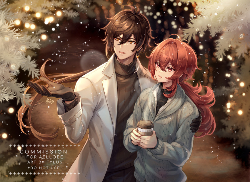 2boys bangs black_gloves brown_hair coffee_cup commission cup diluc_(genshin_impact) disposable_cup earrings genshin_impact gloves gradient_hair hair_between_eyes highres holding holding_cup hood hoodie jacket jewelry long_hair long_sleeves male_focus multicolored_hair multiple_boys open_mouth ponytail poop_fylus_snowflake_fire red_eyes redhead shirt single_earring smile snow snowflakes snowing zhongli_(genshin_impact)
