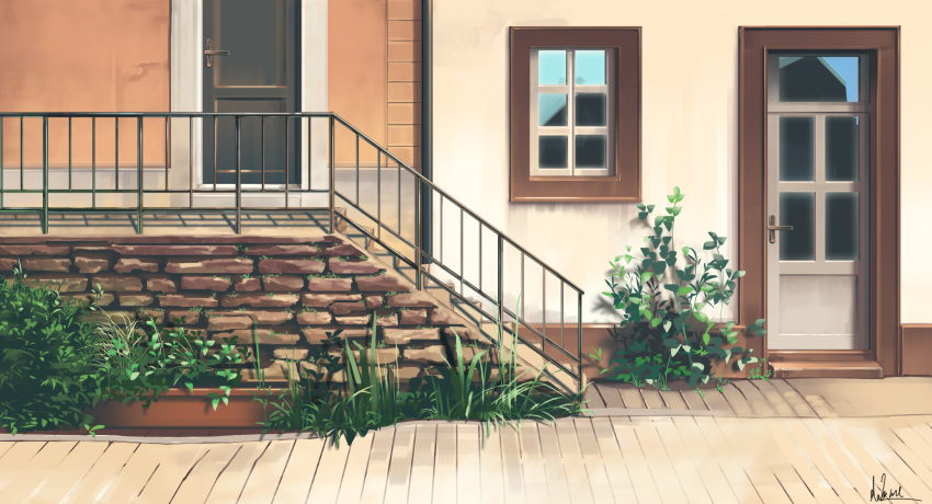 building commentary_request fence grass hakuurei_amano highres no_humans original outdoors reflection scenery stairs watermark window wooden_door