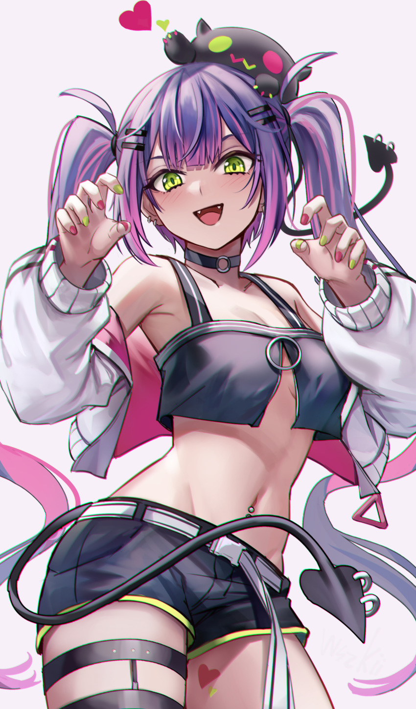 bangs belt black_shorts black_tank_top blunt_bangs claw_pose collar commentary_request demon_girl fangs green_eyes hair_ornament hairclip heart heart_tattoo highres hololive jacket leg_strap long_sleeves looking_at_viewer midriff multicolored_hair multicolored_nails navel open_mouth pink_hair purple_hair purple_nails shorts sidelocks simple_background stomach streaked_hair tail tank_top tattoo tokoyami_towa twintails virtual_youtuber white_background white_belt white_jacket wszkii yellow_nails