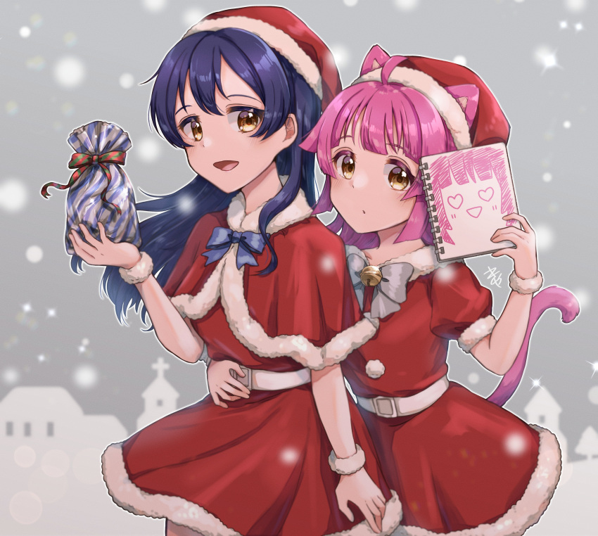 2girls absurdres ahoge bangs blue_hair blunt_bangs blunt_ends capelet christmas commentary_request drawing fur_trim gift hat highres kyaku_tatsu long_hair looking_at_viewer love_live! love_live!_nijigasaki_high_school_idol_club love_live!_school_idol_project multiple_girls open_mouth pink_hair red_capelet santa_costume santa_hat short_hair simple_background sketchbook sonoda_umi swept_bangs tennouji_rina yellow_eyes