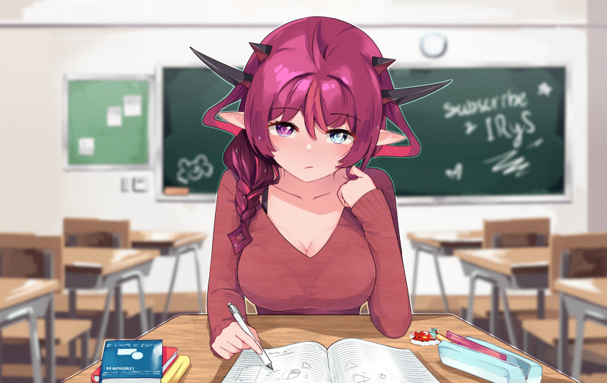 1girl absurdres alternate_costume bangs blue_eyes book bra_strap chalkboard character_name classroom collarbone desk english_commentary eraser eyebrows_visible_through_hair heterochromia highres holding holding_pen hololive hololive_english horns irys_(hololive) looking_at_viewer mr._squeaks_(hakos_baelz) namii_(namialus_m) notebook open_book pen pointy_ears purple_hair red_sweater solo sweater violet_eyes virtual_youtuber
