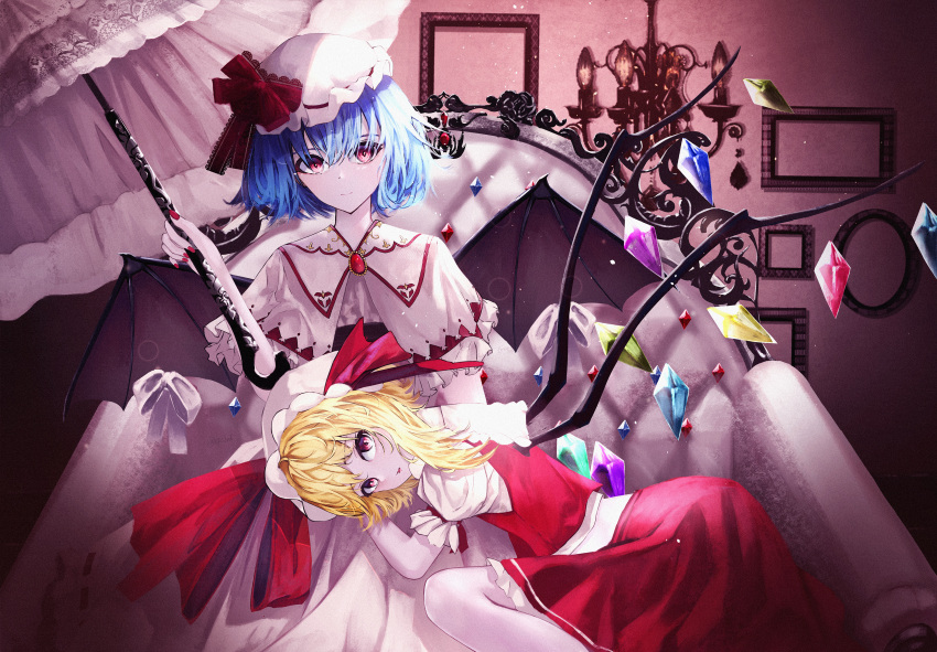2girls absurdres armchair bat_wings blonde_hair blue_hair bow brooch chair chandelier closed_mouth collared_shirt commentary crystal eps3rd eyebrows_visible_through_hair fang fingernails flandre_scarlet frilled_shirt_collar frills hair_between_eyes hat hat_bow hat_ribbon highres holding holding_umbrella indoors jewelry lap_pillow looking_at_viewer medium_hair mob_cap multiple_girls nail_polish on_chair parasol parted_lips picture_frame puffy_short_sleeves puffy_sleeves red_bow red_eyes red_nails red_ribbon red_skirt red_vest remilia_scarlet ribbon shirt short_sleeves siblings sisters sitting skirt skirt_set touhou twitter_username umbrella vest white_headwear white_shirt white_skirt wings