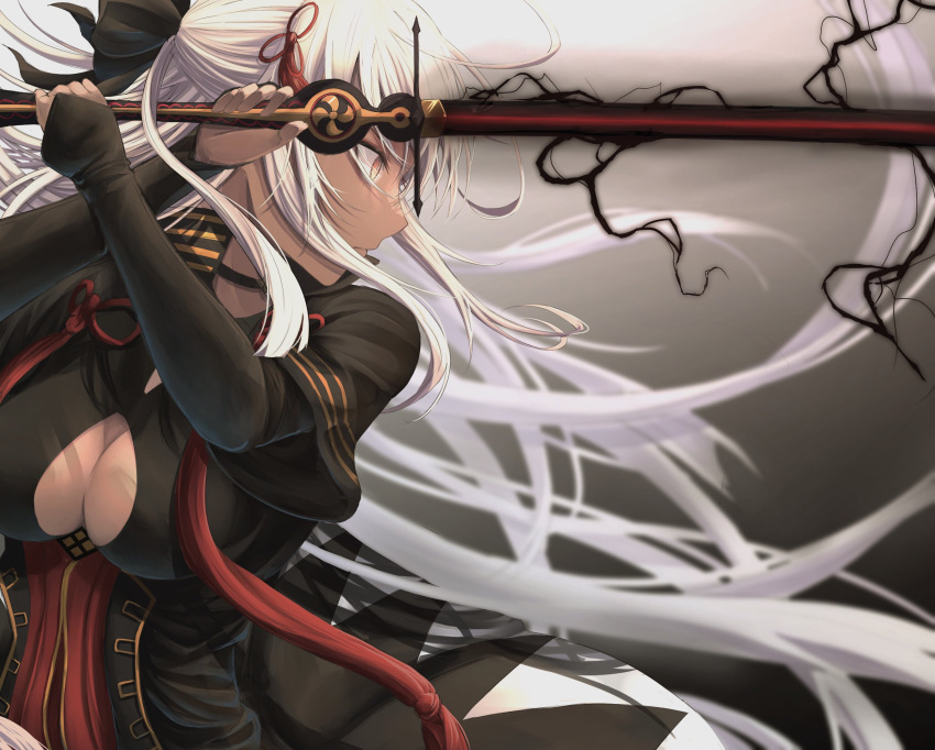 1girl ahoge arm_guards black_bow black_coat bow breasts cleavage_cutout clothing_cutout coat commentary_request dark-skinned_female dark_skin fate/grand_order fate_(series) hair_bow high_collar highres holding holding_sword holding_weapon large_breasts long_hair okita_souji_(fate) okita_souji_alter_(fate) solo sword weapon white_hair yagi_(yagi5art) yellow_eyes