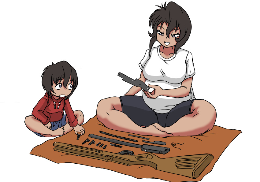 1boy 1girl absurdres bike_shorts breasts crossed_legs deculture disasembled_gun gun gunsmith_cats highres hood hoodie if_they_mated large_breasts looking_up mother_and_son non-web_source pregnant rally_vincent rifle screw short_hair sitting_on_towel smile towel weapon
