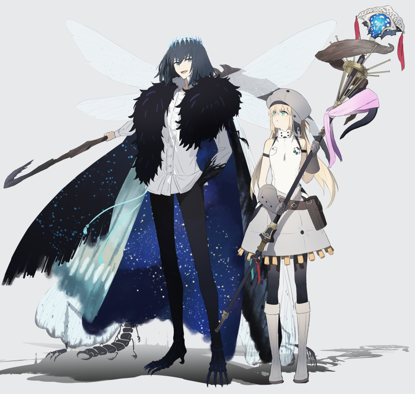 1boy 1girl absurdres artoria_pendragon_(caster)_(fate) artoria_pendragon_(caster)_(first_ascension)_(fate) artoria_pendragon_(fate) bag bare_shoulders black_hair black_legwear black_pants blonde_hair boots brown_bag buttons closed_mouth diamond_hairband dress fate/grand_order fate_(series) full_body fur_collar gloves green_eyes grey_background grey_dress grey_footwear grey_gloves grey_headwear hat highres holding holding_staff holding_weapon insect_wings long_hair long_sleeves looking_at_another ne_f_g_o oberon_(fate) oberon_(third_ascension)_(fate) pants pantyhose shadow shirt short_hair simple_background sleeveless sleeveless_dress spoilers staff twintails very_long_hair weapon white_shirt wings