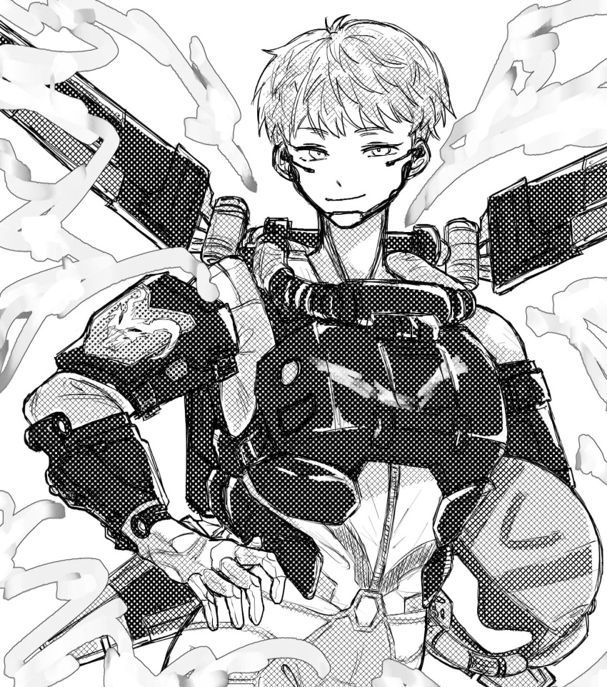 1girl apex_legends bodysuit english_commentary greyscale hand_on_hip headwear_removed helmet helmet_removed highres holding holding_helmet jetpack moku_(user_vhfv2348) monochrome short_hair sketch smile smoke solo valkyrie_(apex_legends)