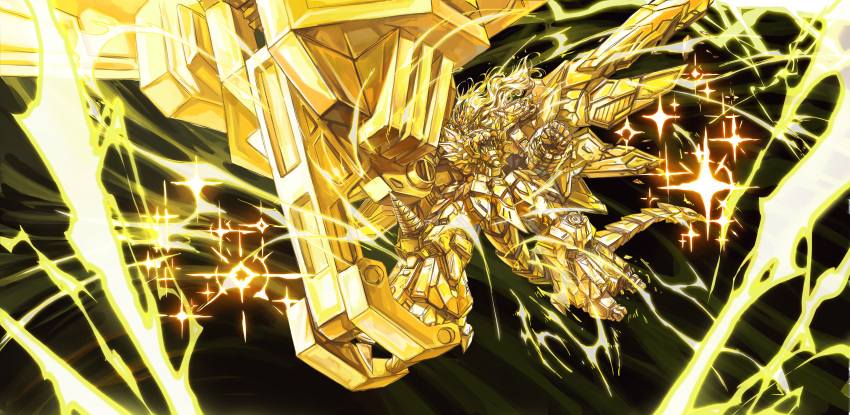 absurdres black_background clenched_hand damaged drill energy genesic_gaogaigar glowing goldion_crusher greatwhite1122 highres mecha no_humans super_robot yuusha_ou_gaogaigar_final yuusha_series