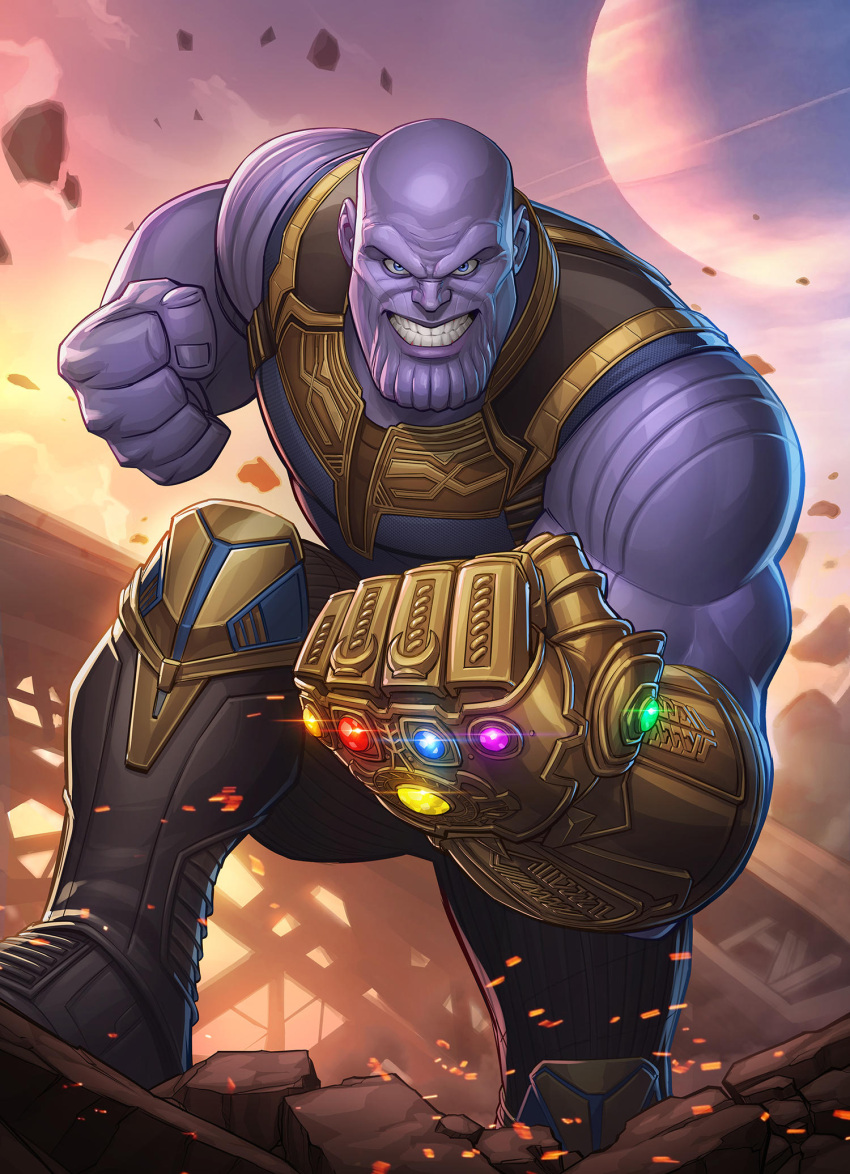 1boy avengers:_infinity_war avengers_(series) bald colored_skin embers evil_grin evil_smile fighting_stance grin highres infinity_gauntlet infinity_gems looking_at_viewer male_focus marvel marvel_cinematic_universe patrick_brown purple_skin smile solo teeth thanos