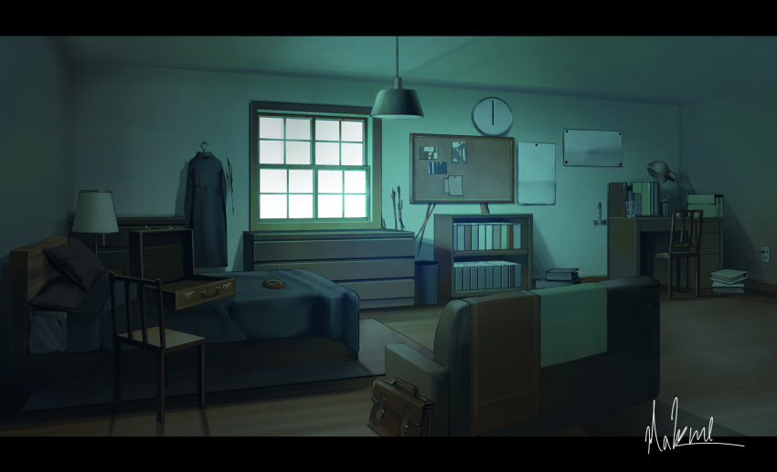 bag bed bedroom board book bookshelf cabinet clock collar couch day desk electric_plug electric_socket green_theme hakuurei_amano handbag highres indoors lamp letterboxed no_humans original red_collar scenery shadow suitcase table trash_can watermark window wooden_chair