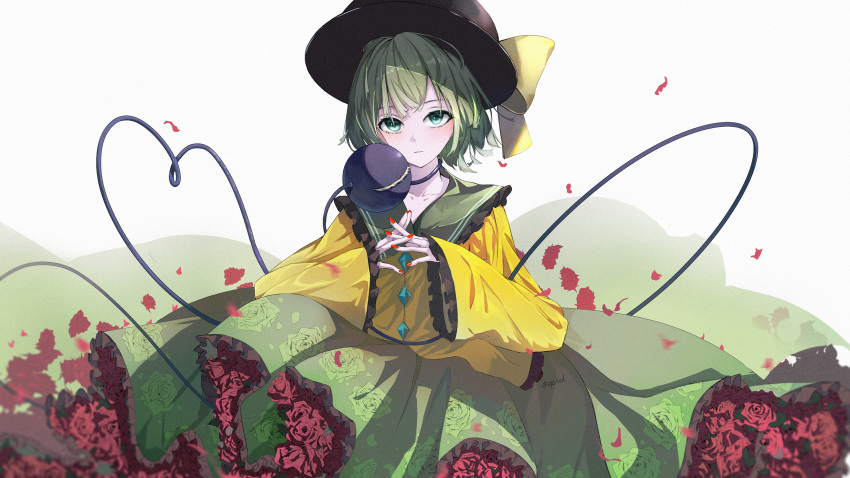 1girl :| black_headwear blouse blush buttons closed_mouth collarbone commentary cowboy_shot diamond_button eps3rd eyebrows_visible_through_hair fingernails floral_print flower frilled_skirt frills green_eyes green_hair green_skirt hat hat_ribbon heart heart_of_string highres interlocked_fingers komeiji_koishi long_sleeves looking_at_viewer nail_polish own_hands_together petals red_flower red_nails red_rose ribbon rose rose_petals rose_print shirt short_hair skirt solo third_eye touhou twitter_username wide_sleeves yellow_ribbon yellow_shirt