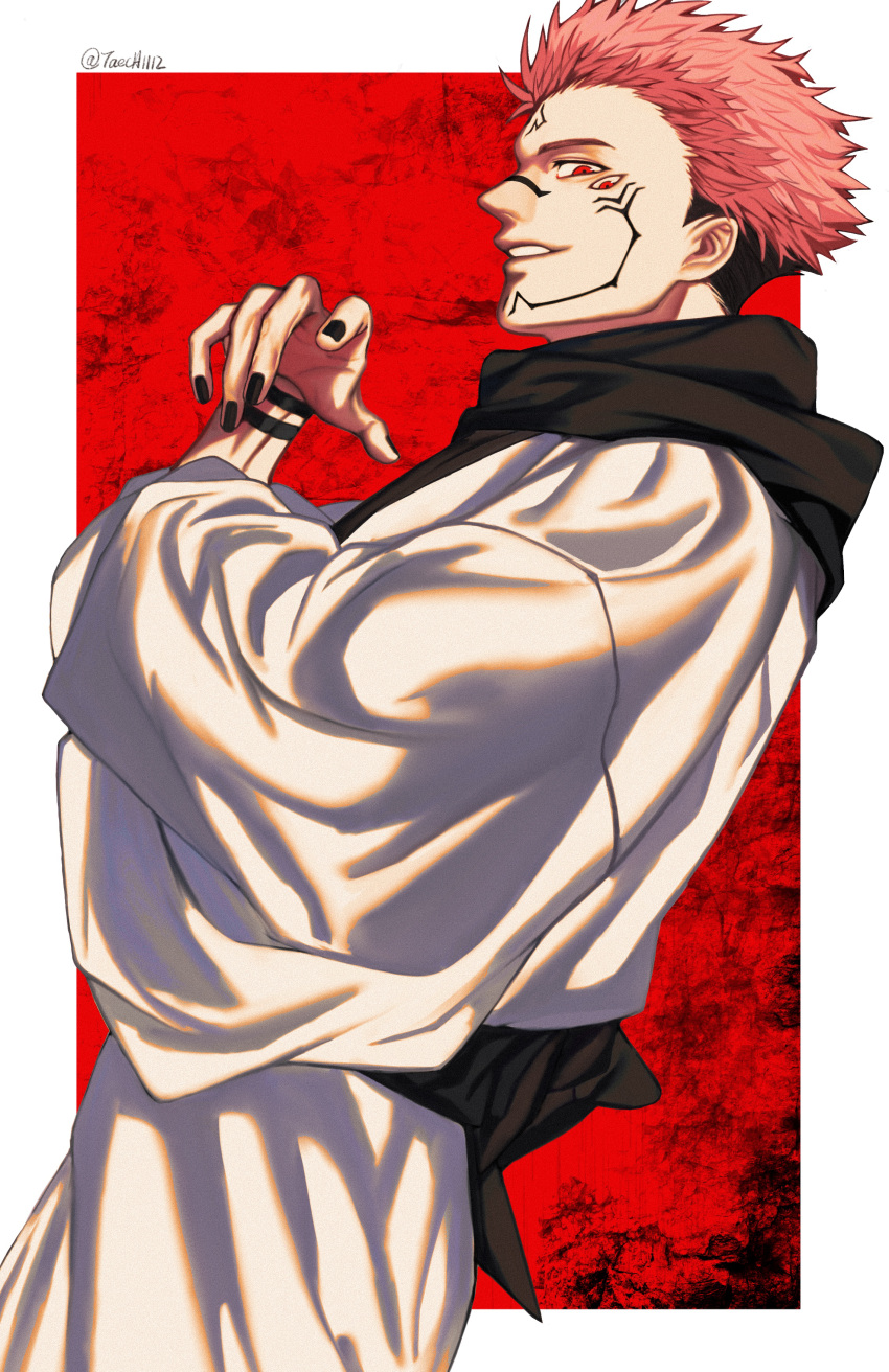 1boy absurdres arm_tattoo black_nails extra_eyes facial_tattoo forehead_tattoo grin hand_up highres japanese_clothes jujutsu_kaisen kimono litchi_(taechiii2) long_sleeves looking_at_viewer male_focus pink_hair profile red_background ryoumen_sukuna_(jujutsu_kaisen) short_hair smile solo tattoo teeth undercut wide_sleeves