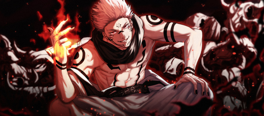 1boy abs animal_skull arm_tattoo black_nails black_scarf chest_tattoo clothes_down embers extra_eyes facial_tattoo fire hand_on_own_knee highres japanese_clothes jujutsu_kaisen kimono litchi_(taechiii2) looking_at_viewer male_focus muscular muscular_male pectorals pink_hair red_eyes ryoumen_sukuna_(jujutsu_kaisen) scarf short_hair shoulder_tattoo sitting smirk solo stomach_tattoo tattoo teeth undercut veins white_kimono