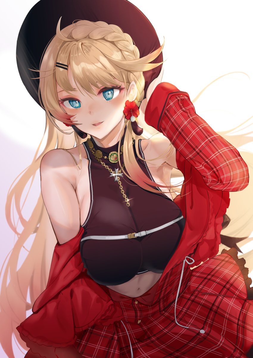 1girl absurdres armpits azur_lane bangs bare_shoulders black_headwear black_tank_top blonde_hair blue_eyes blush braid breasts colored_tips commentary crop_top dress earrings eyebrows_visible_through_hair flower_earrings hair_behind_ear hair_ornament hairclip hand_in_own_hair hand_on_headwear hat highres howe_(azur_lane) howe_(noble_rouge)_(azur_lane) jewelry large_breasts leaf long_hair looking_at_viewer multicolored_hair navel necklace official_alternate_costume open_mouth plaid plaid_dress red_dress red_skirt sankyo_(821-scoville) skirt smile solo tank_top white_background