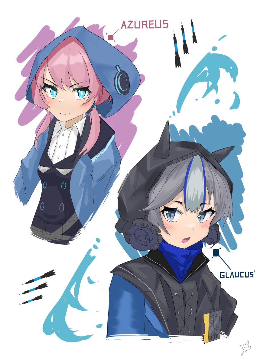 2girls absurdres arknights blue_eyes blue_hair blue_jacket blue_poison_(arknights) blush closed_mouth commentary double_bun glaucus_(arknights) highres hood hood_up hooded_jacket jacket jinn3 low_twintails multicolored_hair multiple_girls open_clothes open_jacket pink_hair simple_background smile streaked_hair twintails