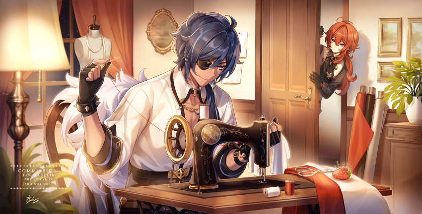 2boys bangs black_gloves blue_hair chair closed_mouth commission dark_skin diluc_(genshin_impact) door earrings eyepatch food fruit genshin_impact gloves hair_between_eyes highres jacket jewelry kaeya_(genshin_impact) lamp long_hair long_sleeves male_focus mannequin multiple_boys muscular necklace needle opening_door paper picture_frame ponytail poop_fylus_snowflake_fire red_eyes redhead scissors sewing_machine shirt smile strawberry yarn