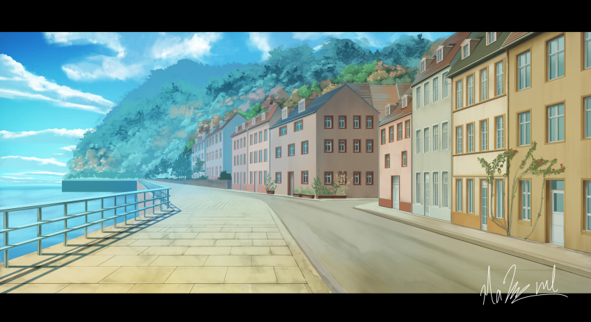 absurdres blue_sky building city cityscape clouds cloudy_sky commentary_request day door fence hakuurei_amano highres letterboxed mountain no_humans ocean original outdoors road scenery shadow sidewalk sky street water watermark window