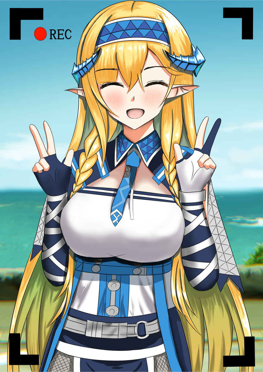 1girl :d absurdres arknights asymmetrical_gloves bangs black_gloves blonde_hair blue_hairband blue_necktie blue_sky blush breasts closed_eyes commentary_request day double_w eyebrows_visible_through_hair facing_viewer gloves hair_between_eyes hairband hands_up highres horns large_breasts long_hair mismatched_gloves necktie open_mouth outdoors partial_commentary pointy_ears saileach_(arknights) shirt sky smile solo uiru_(uiruuun) upper_body very_long_hair w white_gloves white_shirt