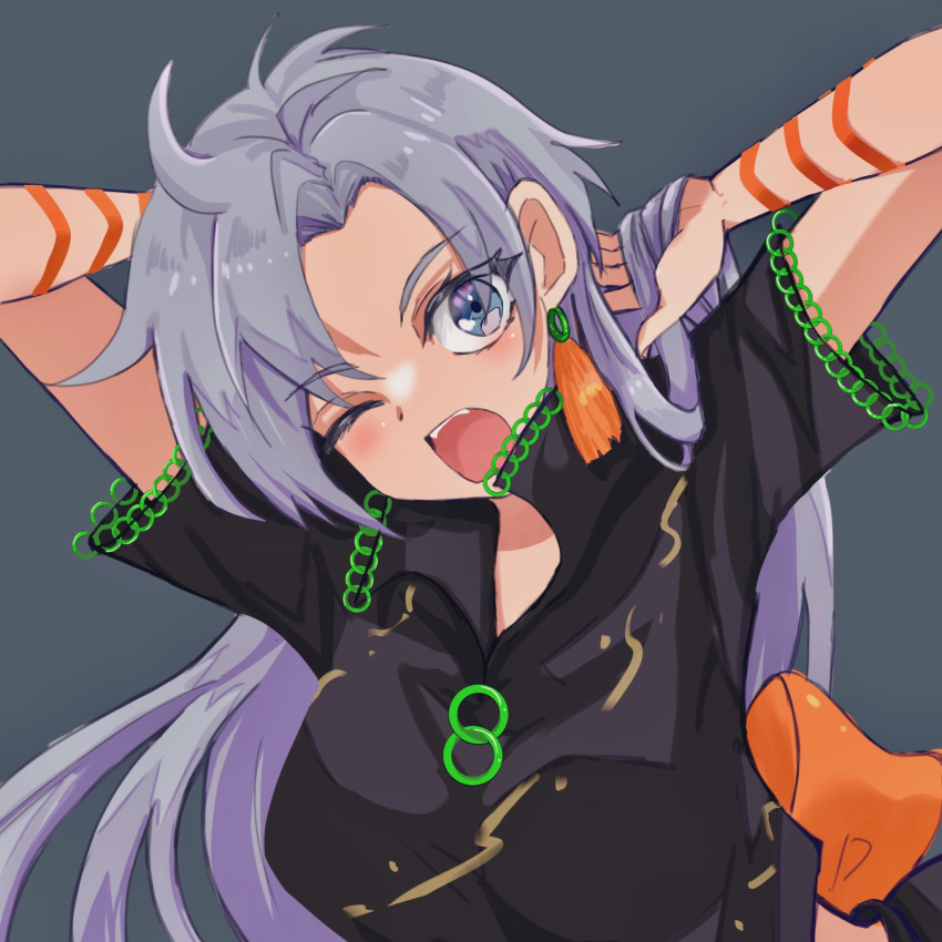 arm_behind_head arm_ribbon arm_strap back_bow black_shirt black_skirt blue_eyes blue_hair bow breasts commentary_request dutch_angle earrings fangs grey_background highres himemushi_momoyo jewelry long_hair mareni1147 medium_breasts midriff one-hour_drawing_challenge one_eye_closed open_mouth orange_bow orange_ribbon ribbon ring shirt simple_background skirt skirt_set tassel teeth touhou upper_teeth very_long_hair