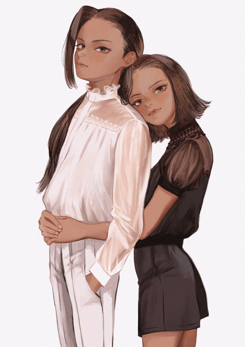 1boy 1girl black_shirt black_shorts brother_and_sister brown_hair closed_mouth commentary_request dark-skinned_female dark-skinned_male dark_skin eyelashes fingernails frilled_shirt_collar frills hand_in_pocket head_on_another's_shoulder head_tilt height_difference highres hug hug_from_behind jamil_viper lace_trim light_smile lips long_hair long_sleeves looking_at_viewer original own_hands_together pants puffy_short_sleeves puffy_sleeves rokuta600 see-through shirt short_hair short_sleeves shorts siblings simple_background twins twisted_wonderland white_background white_pants white_shirt