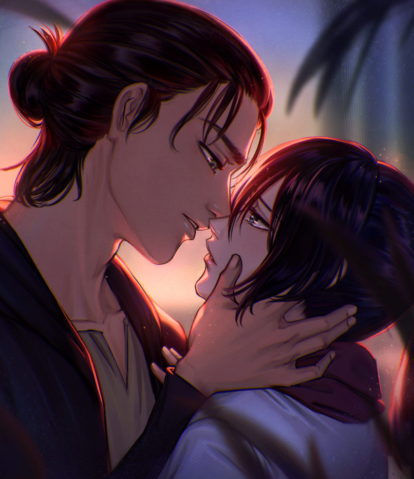 1boy 1girl absurdres bangs black_hair black_jacket blurry blurry_background couple depth_of_field english_commentary eren_yeager eye_contact face-to-face hair_bun hair_pulled_back half-closed_eyes half_updo hana_(melodihana) hand_in_another's_hair hand_on_another's_cheek hand_on_another's_chest hand_on_another's_face hand_up hetero highres imminent_kiss jacket light_particles long_sleeves looking_at_another mikasa_ackerman mixed-language_commentary older pale_skin palm_leaf parted_lips ponytail portrait profile shingeki_no_kyojin tears twilight v-neck