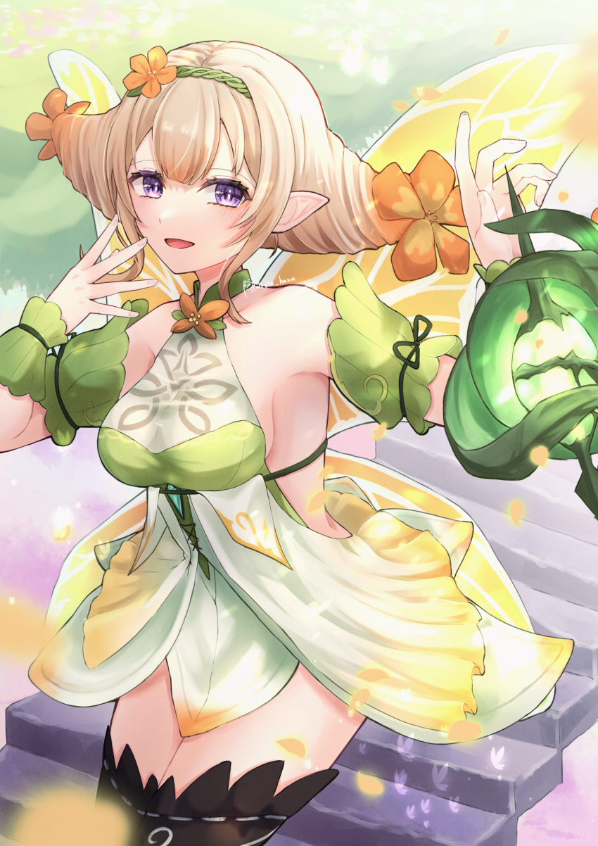 1girl armor bangs blonde_hair blue_eyes boots breasts butterfly_wings drill_hair elf fairy fire_emblem fire_emblem_heroes floating floating_hair floating_object flower gradient_clothes gradient_hair hair_between_eyes hair_flower hair_ornament hair_vines highres long_hair looking_at_viewer multicolored_hair peony_(fire_emblem) petals pointy_ears reia_hana scale_armor see-through shimekazari stairs tanbi thigh-highs thigh_boots wings