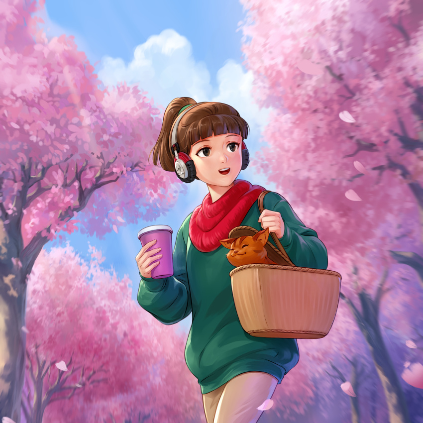 1girl bangs basket blunt_bangs brown_eyes brown_hair cat cherry_blossoms clouds cloudy_sky coffee_cup cup day disposable_cup english_commentary googly_eyes green_scrunchie green_sweater hair_ornament hair_scrunchie hanami headphones highres kotikomori lofi_girl lofi_girl_(youtube) official_art outdoors oversized_clothes petals red_scarf scarf scrunchie second-party_source short_hair sky solo_focus spring_(season) sweater teeth upper_teeth walking wireless