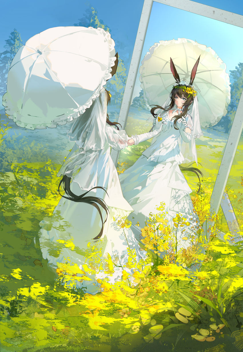 1girl absurdres amiya_(arknights) animal_ear_fluff animal_ears arknights bangs black_hair blue_sky collarbone commentary_request day dress elbow_gloves eyebrows_behind_hair flower gloves grey_hair hair_between_eyes hair_flower hair_ornament highres holding holding_umbrella leleyoukuailele long_hair mirror outdoors puffy_short_sleeves puffy_sleeves rabbit_ears reflection see-through see-through_sleeves short_sleeves sidelocks sky solo tree umbrella veil very_long_hair white_dress white_gloves white_umbrella yellow_flower