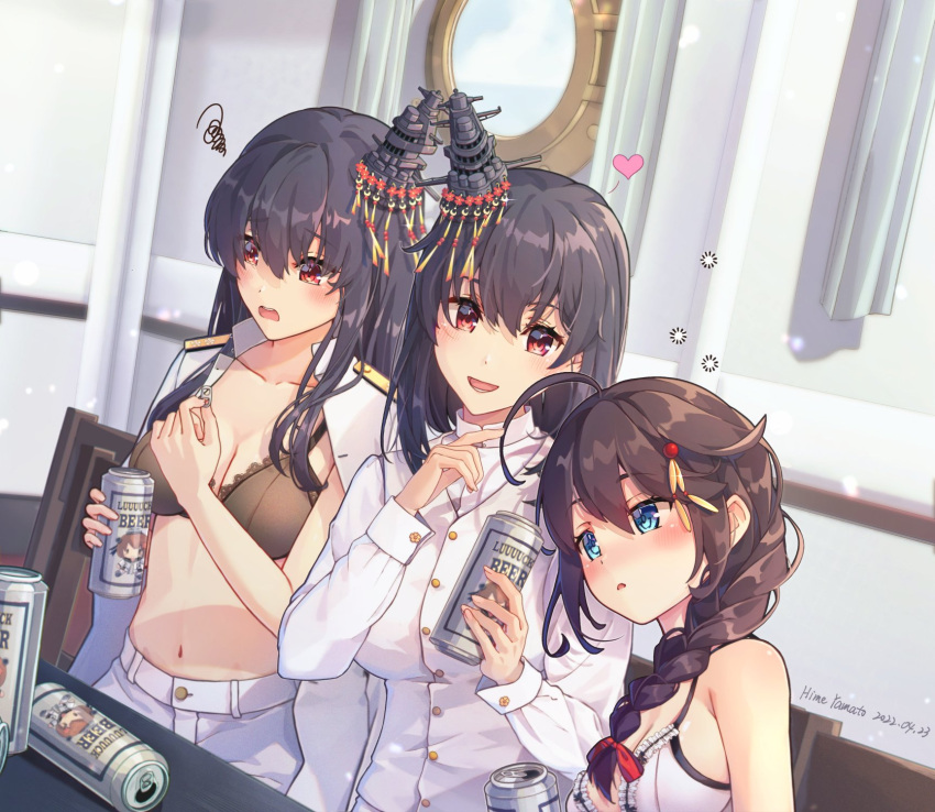 3girls ahoge alternate_costume beer_can black_bra black_hair blue_eyes bra braid breasts brown_hair can drunk epaulettes fusou_(kancolle) hair_flaps hair_ornament hair_over_shoulder heart highres himeyamato holding holding_can kantai_collection long_hair long_sleeves medium_breasts multiple_girls navel open_clothes open_shirt red_eyes shigure_(kancolle) shigure_(kantai_collection) shigure_kai_ni_(kancolle) shirt short_hair single_braid squiggle underwear white_bra white_shirt wide_sleeves yamashiro_(kancolle) yamashiro_(kantai_collection)