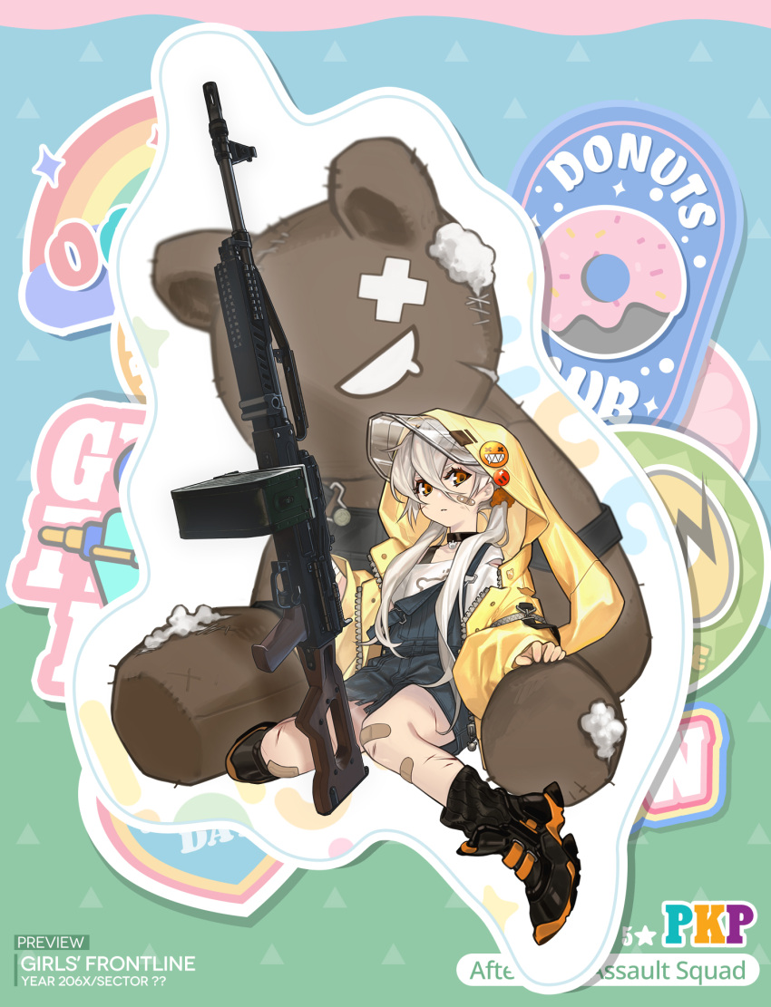 1girl artist_request bandaid bandaid_on_face bandaid_on_leg black_footwear black_overalls character_name closed_mouth coat copyright_name english_commentary girls_frontline grey_hair gun highres hood hood_down long_hair looking_at_viewer machine_gun official_alternate_costume official_art open_clothes open_coat overalls pkp_(after-rain_assault_squad)_(girls'_frontline) pkp_(girls'_frontline) pkp_pecheneg promotional_art shirt shoes sleeves_past_fingers sleeves_past_wrists solo stuffed_animal stuffed_toy teddy_bear weapon white_shirt yellow_coat yellow_eyes younger
