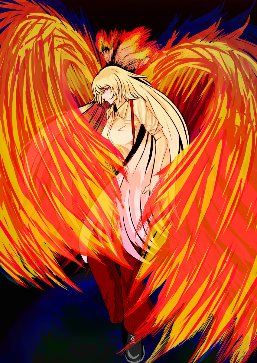 1girl absurdres baggy_pants bangs bird black_background breasts collared_shirt dark_background expressionless fire from_side fujiwara_no_mokou highres hime_cut long_hair looking_at_viewer no_headwear pants phoenix red_eyes red_pants shirt shoes sidelocks silver_hair sleeves_rolled_up solo suspenders touhou very_long_hair weedhollow_(dokuran) white_hair white_shirt