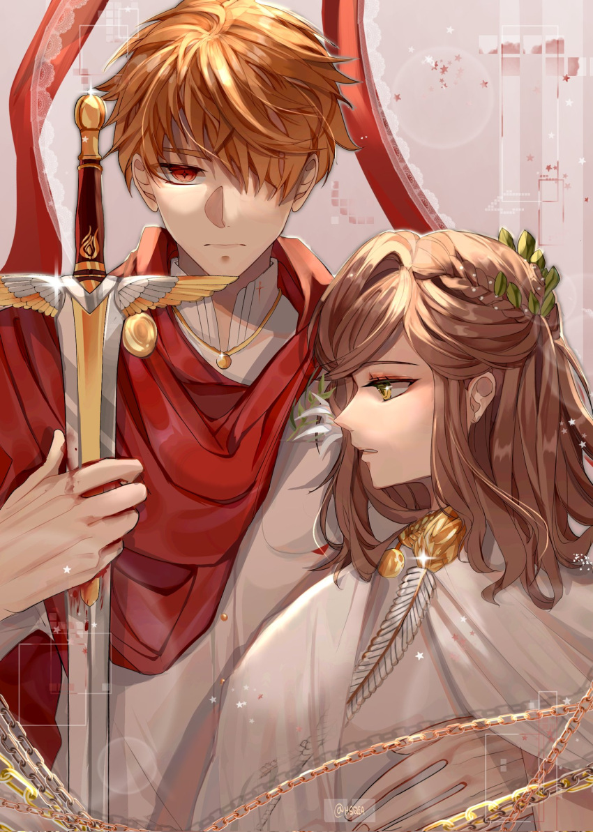 1boy 1girl bangs blood blood_on_weapon brown_eyes brown_hair closed_mouth green_eyes hair_over_one_eye highres holding holding_sword holding_weapon long_hair looking_at_viewer luke_pearce_(tears_of_themis) open_mouth qeanoya red_scarf rosa_(tears_of_themis) scarf shirt short_hair sword tears_of_themis weapon white_shirt