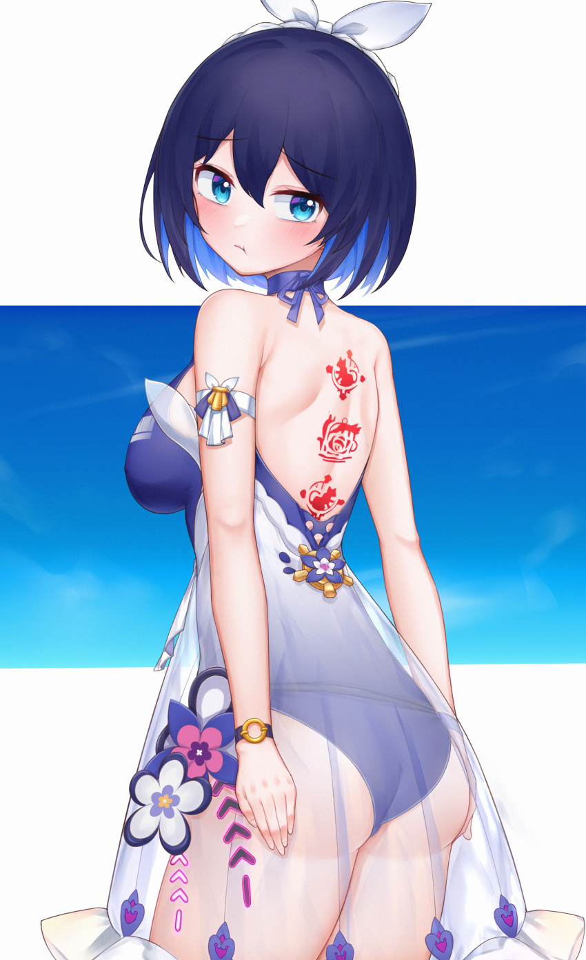 1girl :t absurdres ass back_tattoo bangs bare_shoulders blue_eyes blue_hair blue_sky breasts highres hongshi_(13234456009) honkai_(series) honkai_impact_3rd looking_at_viewer looking_back pout purple_swimsuit see-through_shirt seele_vollerei short_hair sideboob sky solo swimsuit tattoo