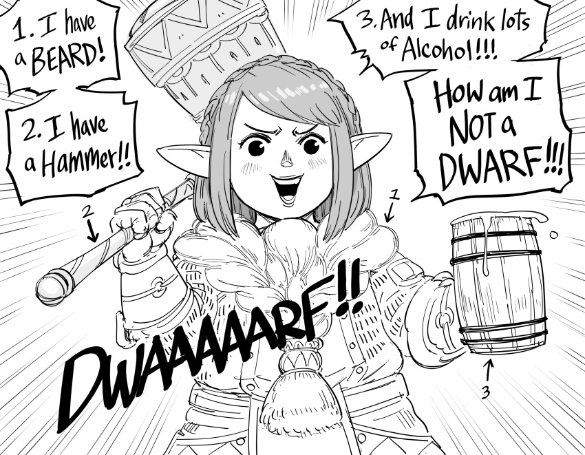 1girl absurdres armor bb_(baalbuddy) beer_mug braid cup english_commentary english_text final_fantasy final_fantasy_xiv greyscale hammer highres holding holding_cup holding_hammer holding_weapon lalafell monochrome mug pointy_ears short_hair simple_background speech_bubble weapon white_background
