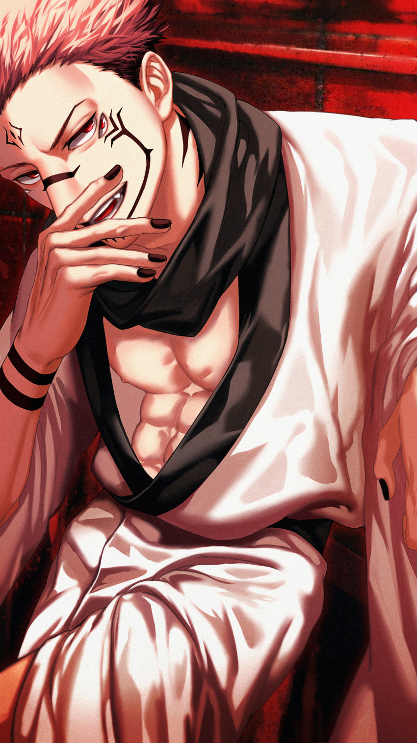 1boy abs absurdres arm_tattoo bare_pectorals black_nails black_scarf extra_eyes facial_tattoo forehead_tattoo highres japanese_clothes jujutsu_kaisen kimono litchi_(taechiii2) looking_at_viewer male_focus nipples open_clothes open_kimono pectorals pink_hair red_eyes ryoumen_sukuna_(jujutsu_kaisen) scarf short_hair smile solo stomach tattoo toned undercut white_kimono