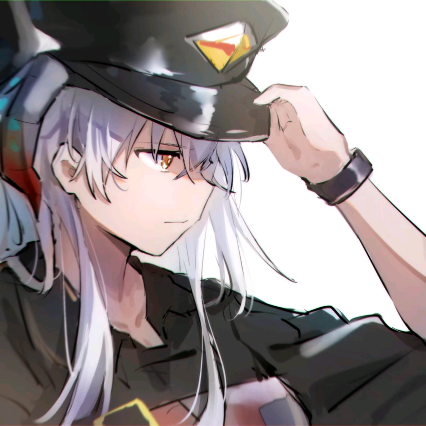 1girl arknights arm_up bangs black_headwear bracelet brown_eyes closed_mouth dragon_horns eyebrows_visible_through_hair hand_on_headwear hat highres horns jewelry long_hair official_alternate_costume peaked_cap saria_(arknights) saria_(the_law)_(arknights) silver_hair simple_background solo upper_body white_background xiebaowang