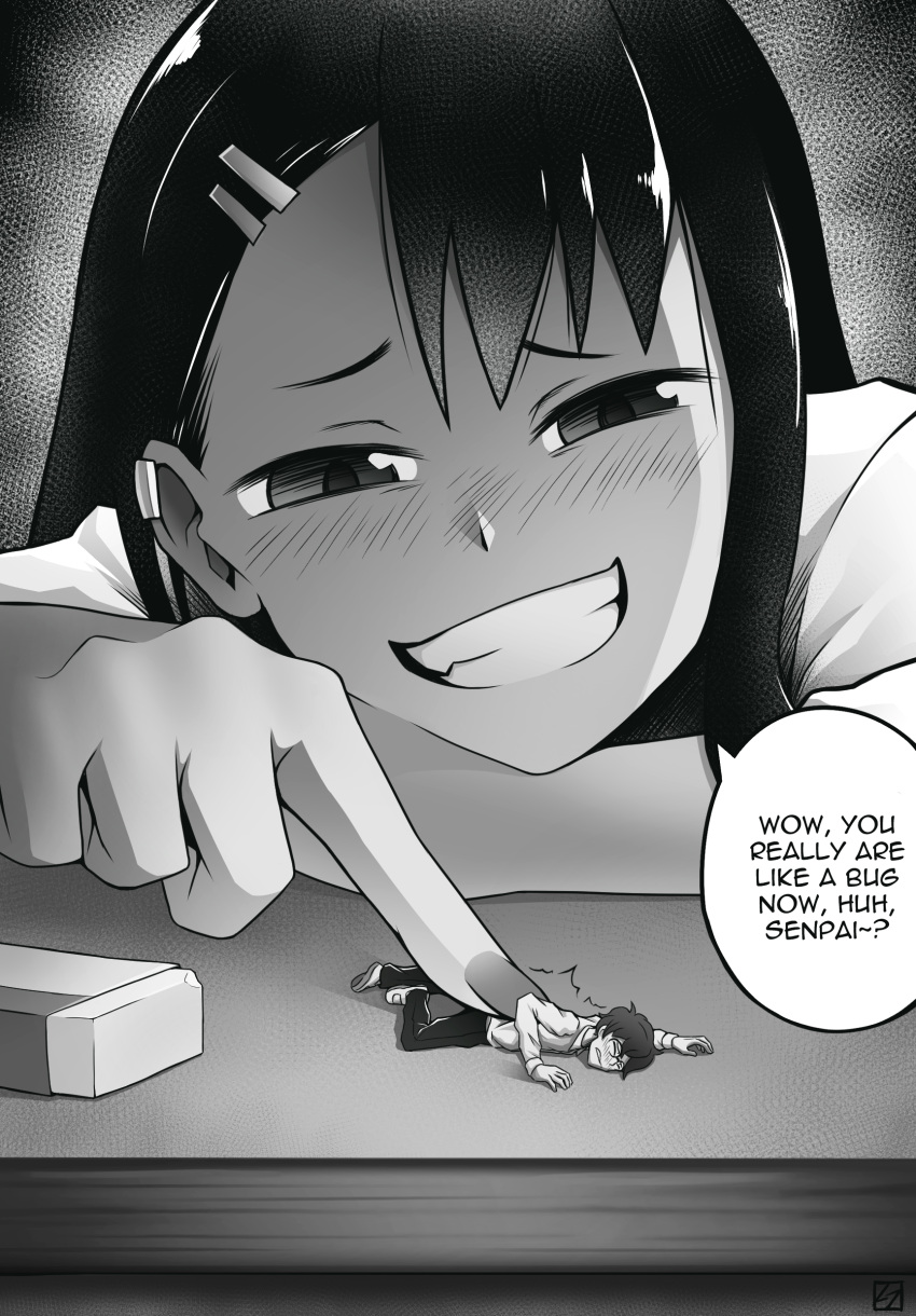 artist_request black_and_white black_eyes black_hair blush comic copyright_request finger giantess greyscale laughing mouth_open school shrinking speech_bubble table tapping teeth white_shirt