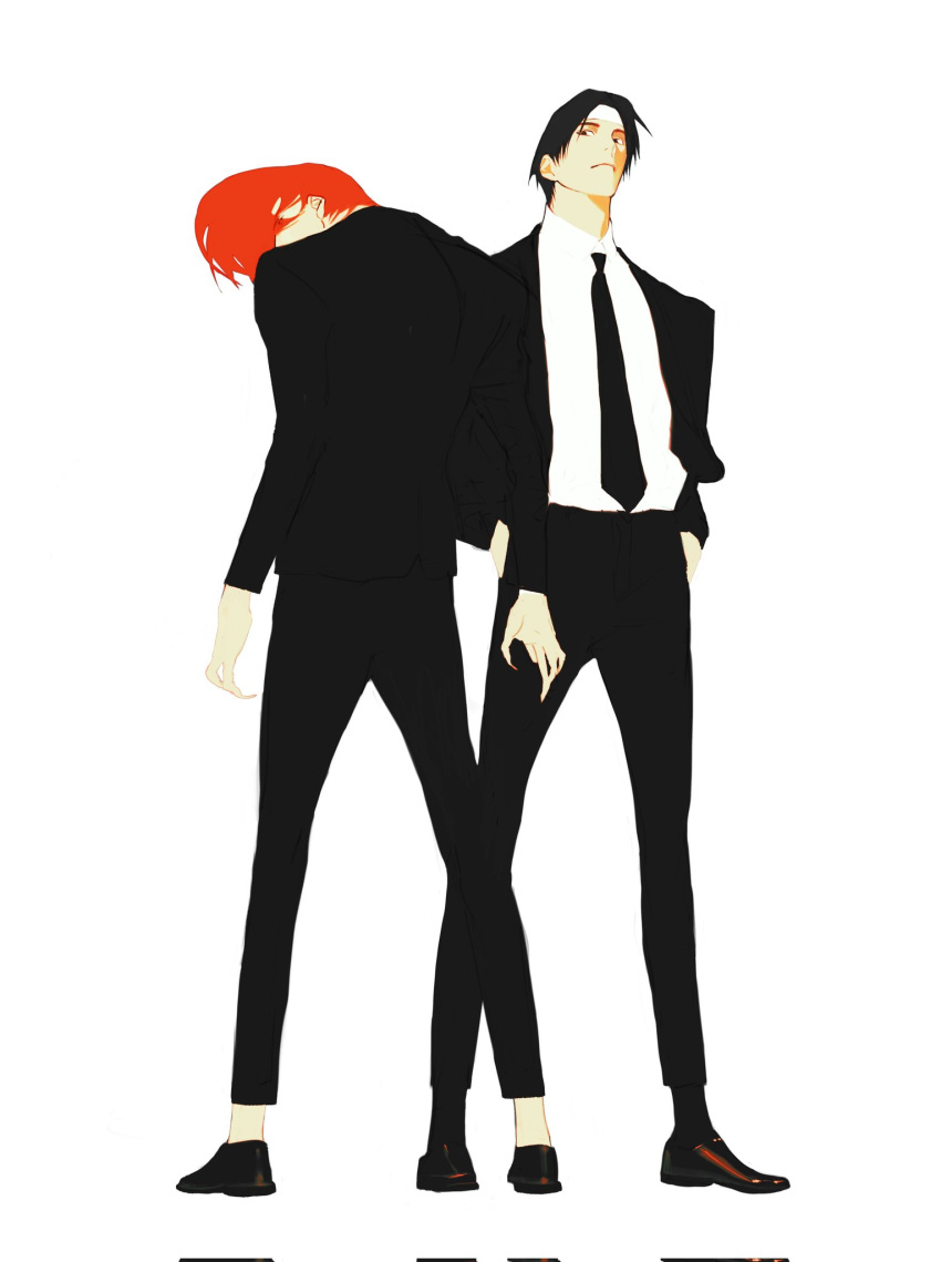 2boys alternate_costume black_footwear black_hair black_necktie black_pants black_shirt black_vest formal from_behind hands_in_pockets headband highres kusanagi_kyou lomizuki looking_at_viewer looking_back multiple_boys necktie pants redhead shirt simple_background suit the_king_of_fighters vest white_background white_headband yagami_iori