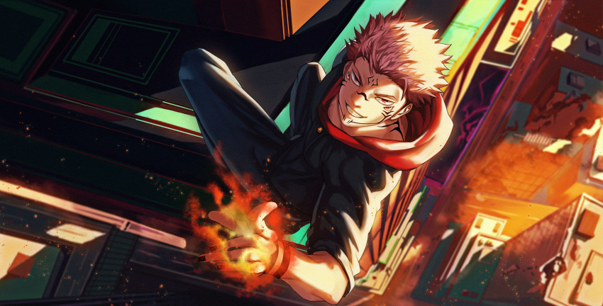 1boy absurdres arm_tattoo black_jacket black_pants building commentary_request embers extra_eyes facial_tattoo fire flame from_above gakuran grin highres hood hood_down hoodie itadori_yuuji jacket jujutsu_kaisen litchi_(taechiii2) looking_at_viewer magic male_focus outdoors pants pink_hair red_eyes red_hoodie ryoumen_sukuna_(jujutsu_kaisen) school_uniform short_hair sleeve_rolled_up smile solo tattoo