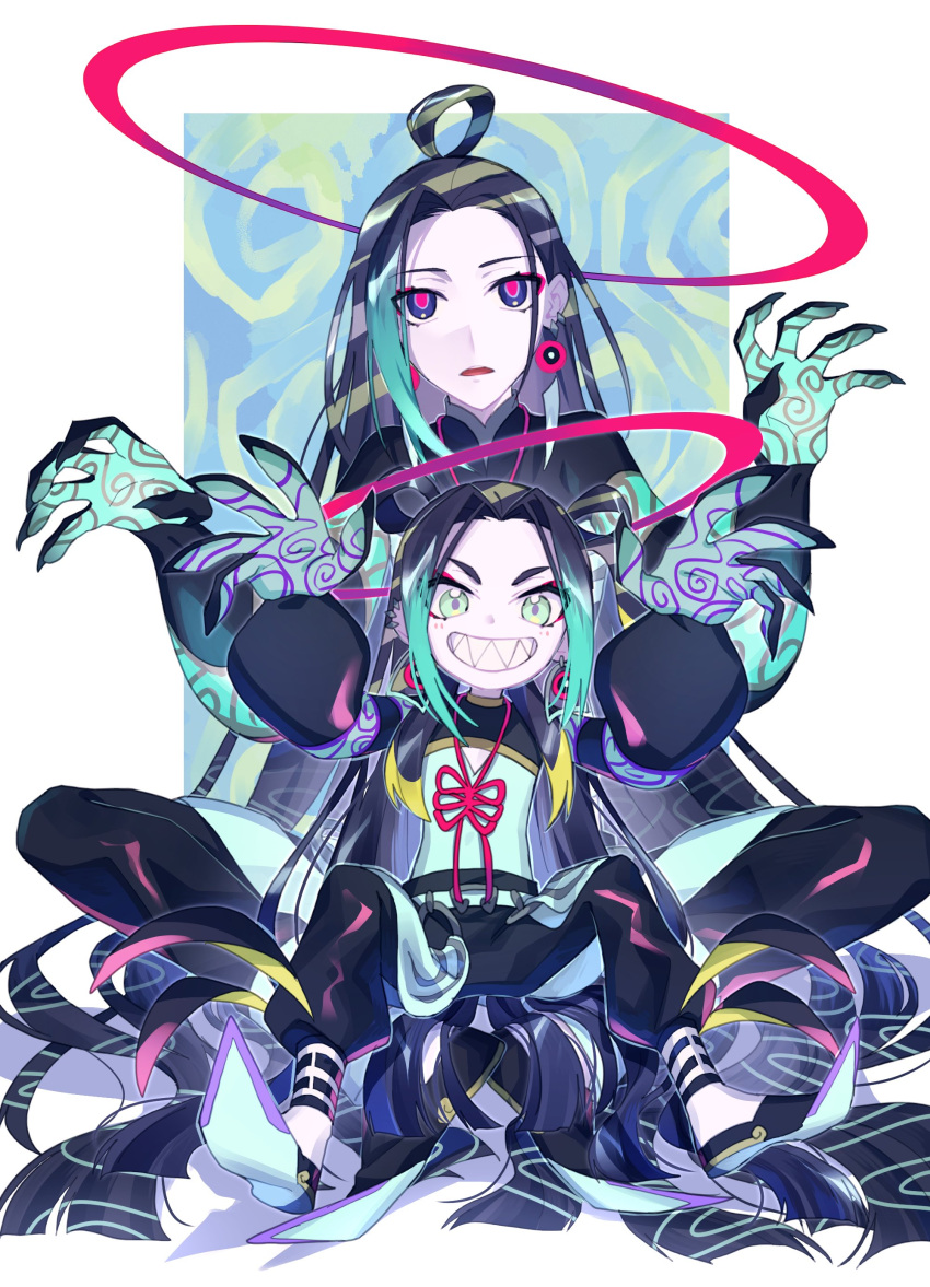 2boys absurdres bangs black_hair black_pants blonde_hair blue_eyes blue_hair child chinese_clothes commentary_request earrings expressionless eyeshadow fate/grand_order fate_(series) gloves green_eyes grin halo highres jewelry leg_tattoo light_blush long_hair long_sleeves looking_at_viewer makeup male_focus multicolored_eyes multicolored_hair multiple_boys nn_mr pale_skin pants red_eyes red_eyeshadow red_ribbon ribbon sharp_teeth simple_background sitting sitting_on_lap sitting_on_person smile taisui_xingjun_(fate) tattoo teeth time_paradox